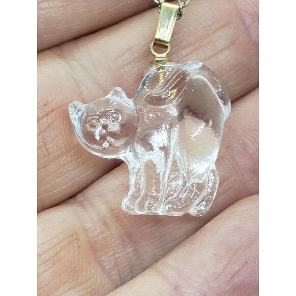 Carved Clear Cat Pendant Necklace Cat Lady Cat Lover Glass Crystal Kitty Charm - Picture 3 of 10
